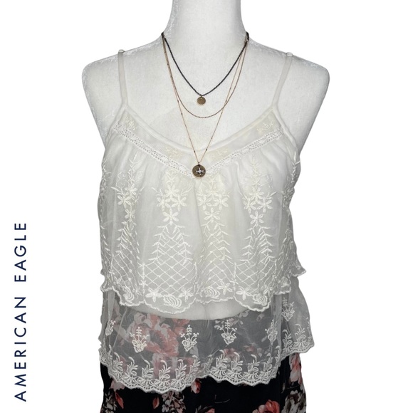 ❌SOLD❌ AEO Cami Tank Top Tiered Mesh Lace Embroidered Festival Off White Cream M - Picture 5 of 17